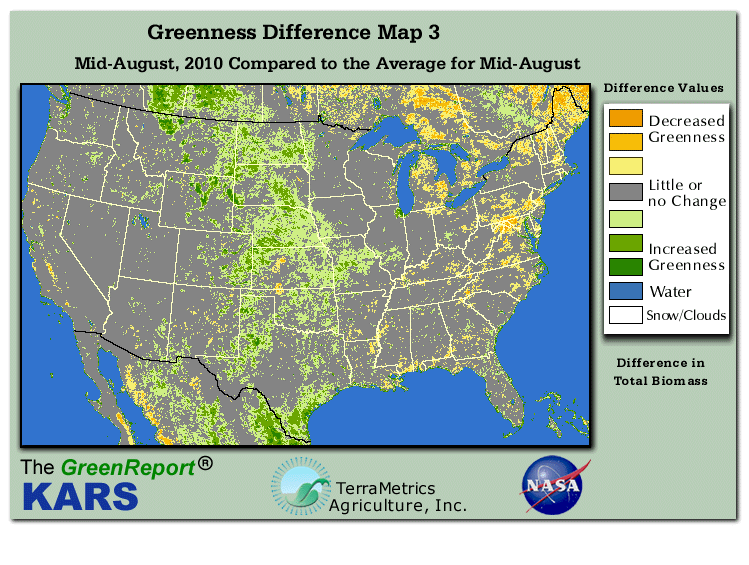 Color-coded U.S. vegetation greeness index map for Period 33 of 2010, illustrating spatial variations in plant vigor, with greener tones indicating higher biomass and browner tones indicating stressed vegetation,
              comparing current crop/vegetation change in biomass to the 20-year greenness average.