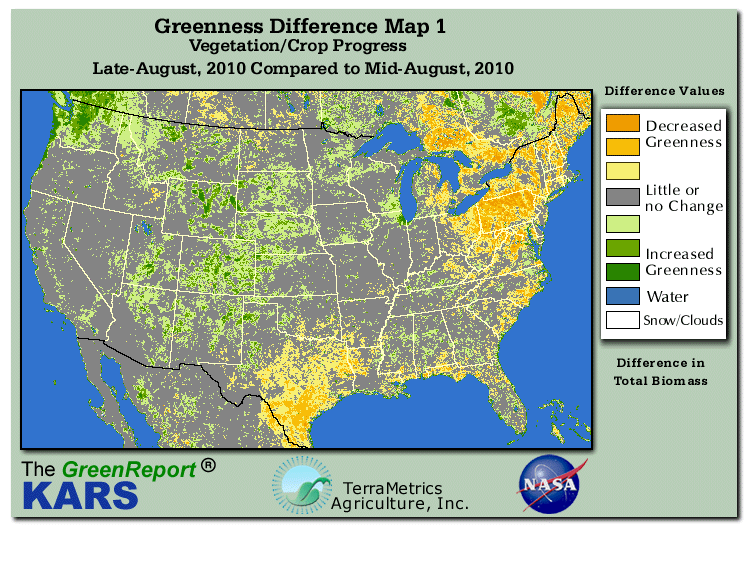 Color-coded U.S. vegetation greeness index map for Period 34 of 2010, illustrating spatial variations in plant vigor, with greener tones indicating higher biomass and browner tones indicating stressed vegetation,
              comparing current crop/vegetation change in biomass to the previous week within the same year.