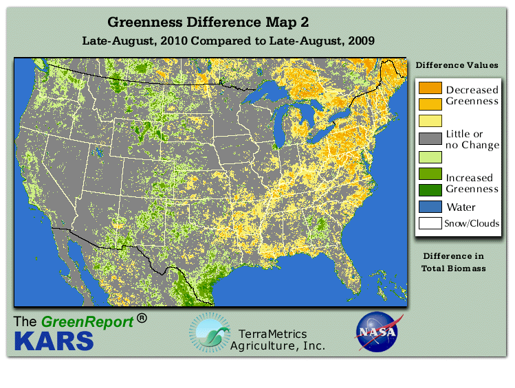 Color-coded U.S. vegetation greeness index map for Period 34 of 2010, illustrating spatial variations in plant vigor, with greener tones indicating higher biomass and browner tones indicating stressed vegetation,
              comparing current crop/vegetation change in biomass to same period from the previous year.