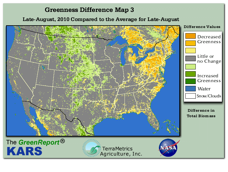 Color-coded U.S. vegetation greeness index map for Period 34 of 2010, illustrating spatial variations in plant vigor, with greener tones indicating higher biomass and browner tones indicating stressed vegetation,
              comparing current crop/vegetation change in biomass to the 20-year greenness average.