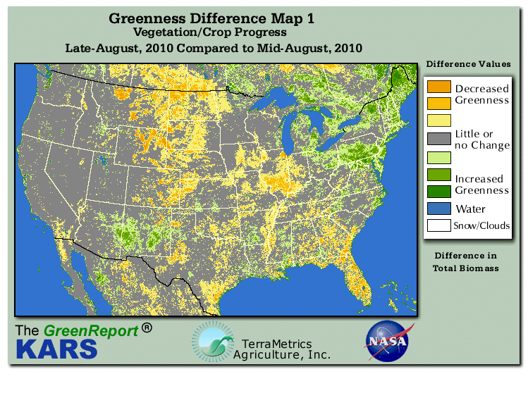 Color-coded U.S. vegetation greeness index map for Period 35 of 2010, illustrating spatial variations in plant vigor, with greener tones indicating higher biomass and browner tones indicating stressed vegetation,
              comparing current crop/vegetation change in biomass to the previous week within the same year.