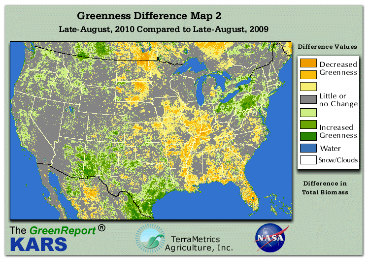 Color-coded U.S. vegetation greeness index map for Period 35 of 2010, illustrating spatial variations in plant vigor, with greener tones indicating higher biomass and browner tones indicating stressed vegetation,
              comparing current crop/vegetation change in biomass to same period from the previous year.