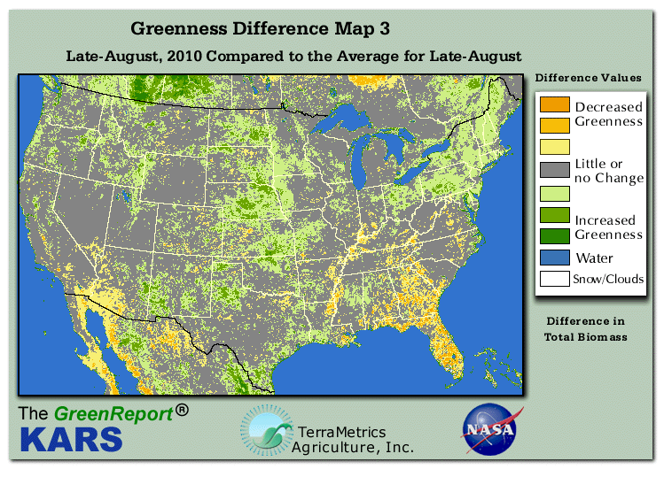 Color-coded U.S. vegetation greeness index map for Period 35 of 2010, illustrating spatial variations in plant vigor, with greener tones indicating higher biomass and browner tones indicating stressed vegetation,
              comparing current crop/vegetation change in biomass to the 20-year greenness average.