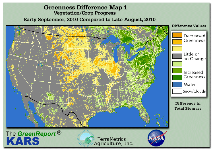 Color-coded U.S. vegetation greeness index map for Period 36 of 2010, illustrating spatial variations in plant vigor, with greener tones indicating higher biomass and browner tones indicating stressed vegetation,
              comparing current crop/vegetation change in biomass to the previous week within the same year.