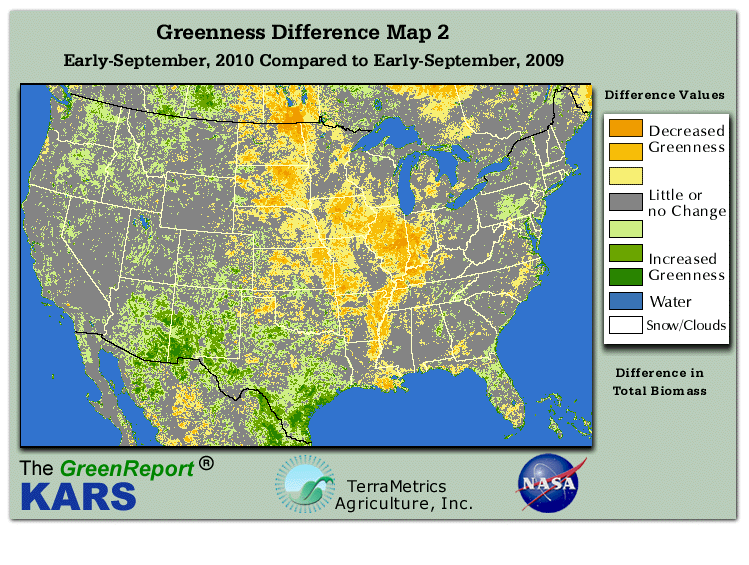 Color-coded U.S. vegetation greeness index map for Period 36 of 2010, illustrating spatial variations in plant vigor, with greener tones indicating higher biomass and browner tones indicating stressed vegetation,
              comparing current crop/vegetation change in biomass to same period from the previous year.