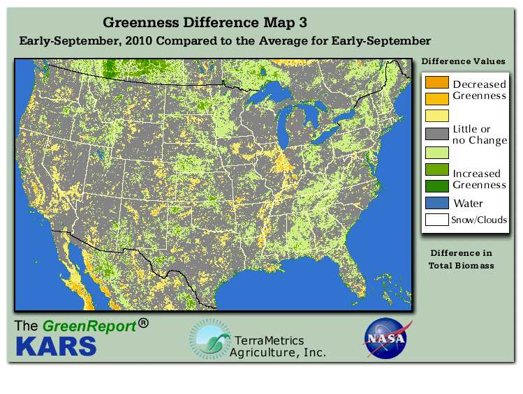 Color-coded U.S. vegetation greeness index map for Period 36 of 2010, illustrating spatial variations in plant vigor, with greener tones indicating higher biomass and browner tones indicating stressed vegetation,
              comparing current crop/vegetation change in biomass to the 20-year greenness average.
