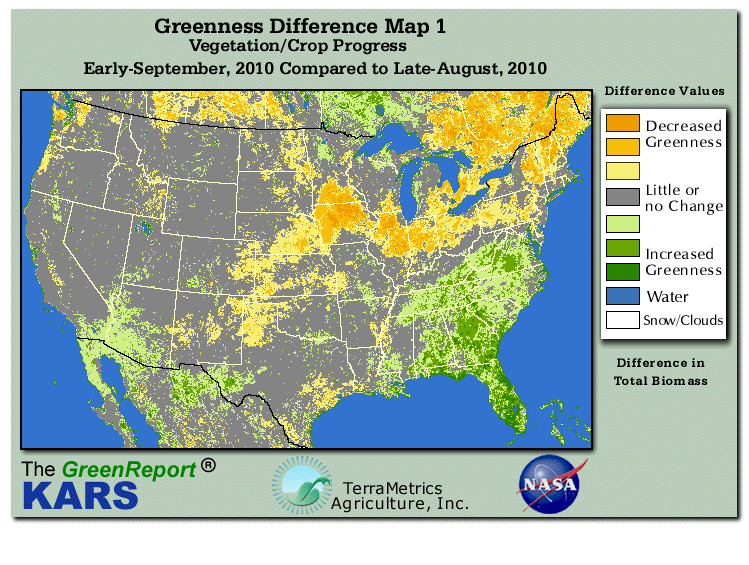 Color-coded U.S. vegetation greeness index map for Period 37 of 2010, illustrating spatial variations in plant vigor, with greener tones indicating higher biomass and browner tones indicating stressed vegetation,
              comparing current crop/vegetation change in biomass to the previous week within the same year.