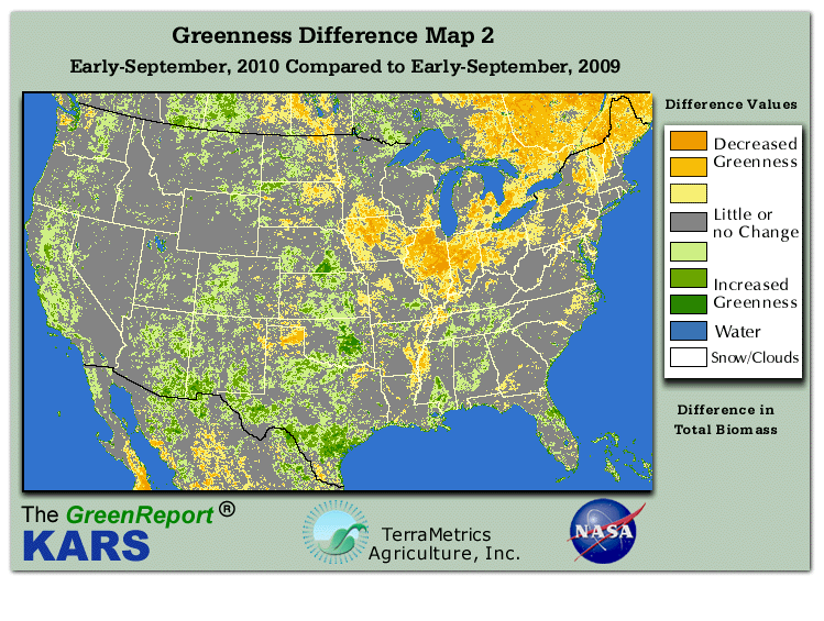 Color-coded U.S. vegetation greeness index map for Period 37 of 2010, illustrating spatial variations in plant vigor, with greener tones indicating higher biomass and browner tones indicating stressed vegetation,
              comparing current crop/vegetation change in biomass to same period from the previous year.