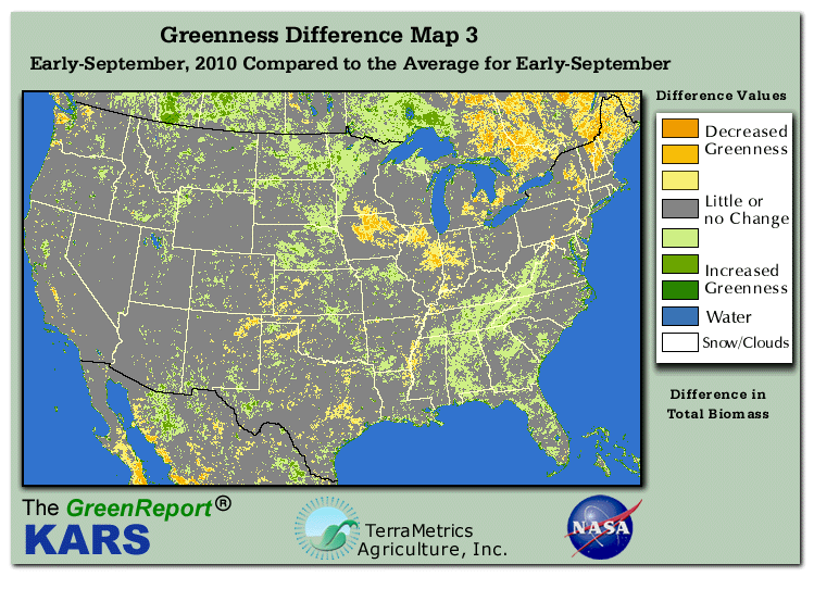 Color-coded U.S. vegetation greeness index map for Period 37 of 2010, illustrating spatial variations in plant vigor, with greener tones indicating higher biomass and browner tones indicating stressed vegetation,
              comparing current crop/vegetation change in biomass to the 20-year greenness average.