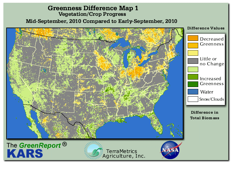 Color-coded U.S. vegetation greeness index map for Period 38 of 2010, illustrating spatial variations in plant vigor, with greener tones indicating higher biomass and browner tones indicating stressed vegetation,
              comparing current crop/vegetation change in biomass to the previous week within the same year.