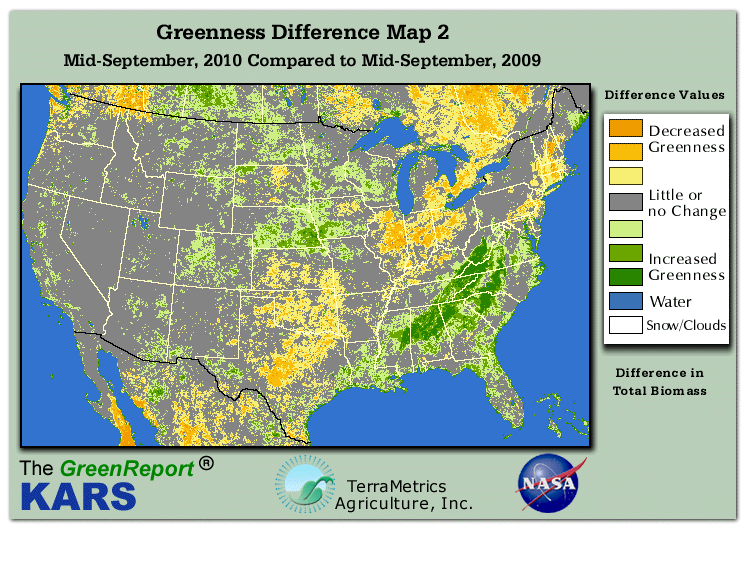Color-coded U.S. vegetation greeness index map for Period 38 of 2010, illustrating spatial variations in plant vigor, with greener tones indicating higher biomass and browner tones indicating stressed vegetation,
              comparing current crop/vegetation change in biomass to same period from the previous year.