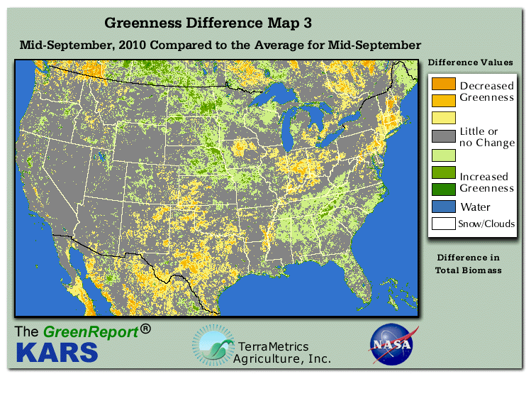 Color-coded U.S. vegetation greeness index map for Period 38 of 2010, illustrating spatial variations in plant vigor, with greener tones indicating higher biomass and browner tones indicating stressed vegetation,
              comparing current crop/vegetation change in biomass to the 20-year greenness average.
