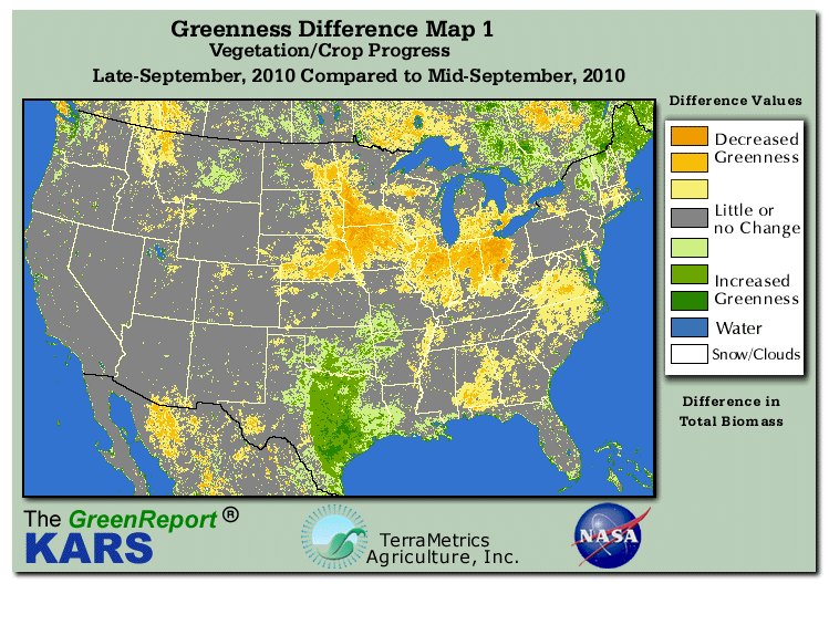 Color-coded U.S. vegetation greeness index map for Period 39 of 2010, illustrating spatial variations in plant vigor, with greener tones indicating higher biomass and browner tones indicating stressed vegetation,
              comparing current crop/vegetation change in biomass to the previous week within the same year.