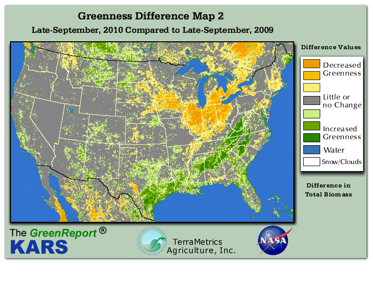 Color-coded U.S. vegetation greeness index map for Period 39 of 2010, illustrating spatial variations in plant vigor, with greener tones indicating higher biomass and browner tones indicating stressed vegetation,
              comparing current crop/vegetation change in biomass to same period from the previous year.
