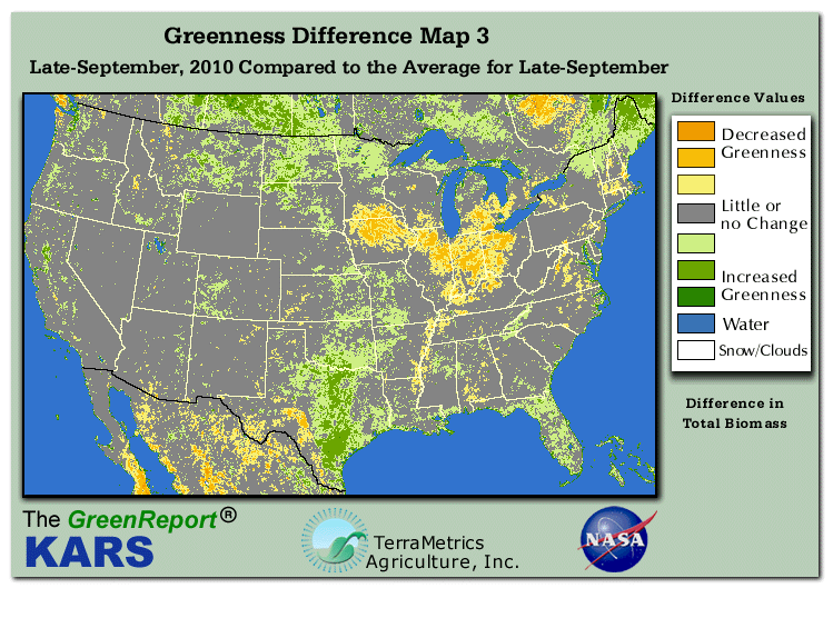 Color-coded U.S. vegetation greeness index map for Period 39 of 2010, illustrating spatial variations in plant vigor, with greener tones indicating higher biomass and browner tones indicating stressed vegetation,
              comparing current crop/vegetation change in biomass to the 20-year greenness average.