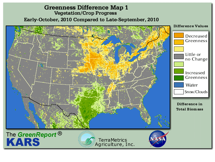 Color-coded U.S. vegetation greeness index map for Period 40 of 2010, illustrating spatial variations in plant vigor, with greener tones indicating higher biomass and browner tones indicating stressed vegetation,
              comparing current crop/vegetation change in biomass to the previous week within the same year.