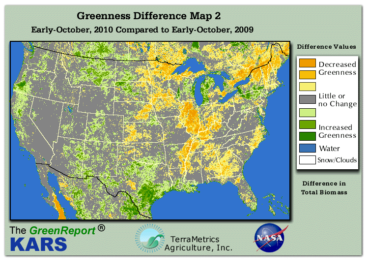 Color-coded U.S. vegetation greeness index map for Period 40 of 2010, illustrating spatial variations in plant vigor, with greener tones indicating higher biomass and browner tones indicating stressed vegetation,
              comparing current crop/vegetation change in biomass to same period from the previous year.