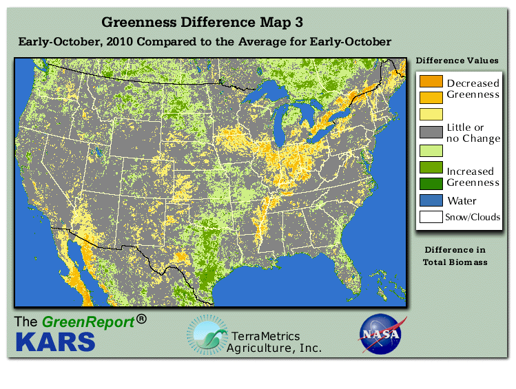 Color-coded U.S. vegetation greeness index map for Period 40 of 2010, illustrating spatial variations in plant vigor, with greener tones indicating higher biomass and browner tones indicating stressed vegetation,
              comparing current crop/vegetation change in biomass to the 20-year greenness average.