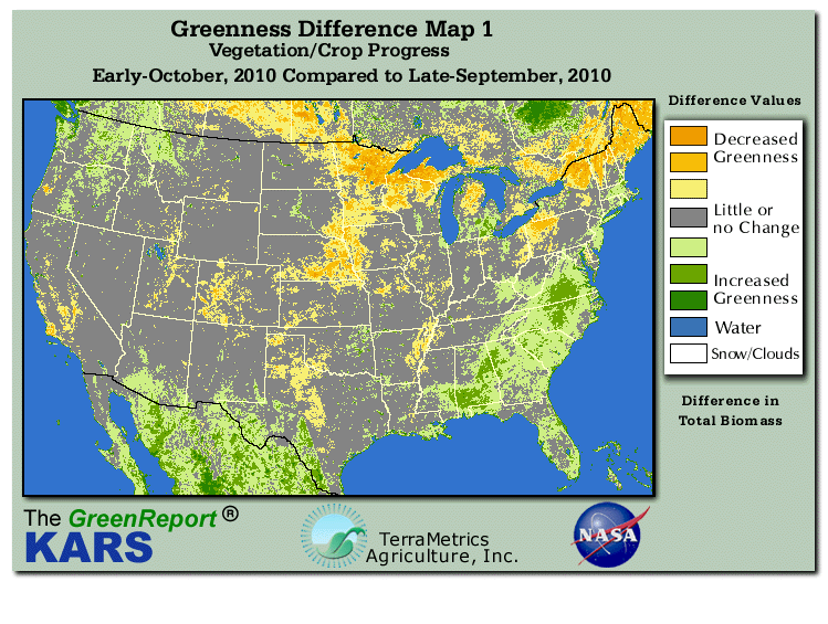 Color-coded U.S. vegetation greeness index map for Period 41 of 2010, illustrating spatial variations in plant vigor, with greener tones indicating higher biomass and browner tones indicating stressed vegetation,
              comparing current crop/vegetation change in biomass to the previous week within the same year.