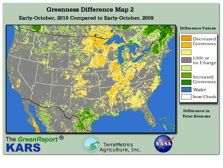 Color-coded U.S. vegetation greeness index map for Period 41 of 2010, illustrating spatial variations in plant vigor, with greener tones indicating higher biomass and browner tones indicating stressed vegetation,
              comparing current crop/vegetation change in biomass to same period from the previous year.