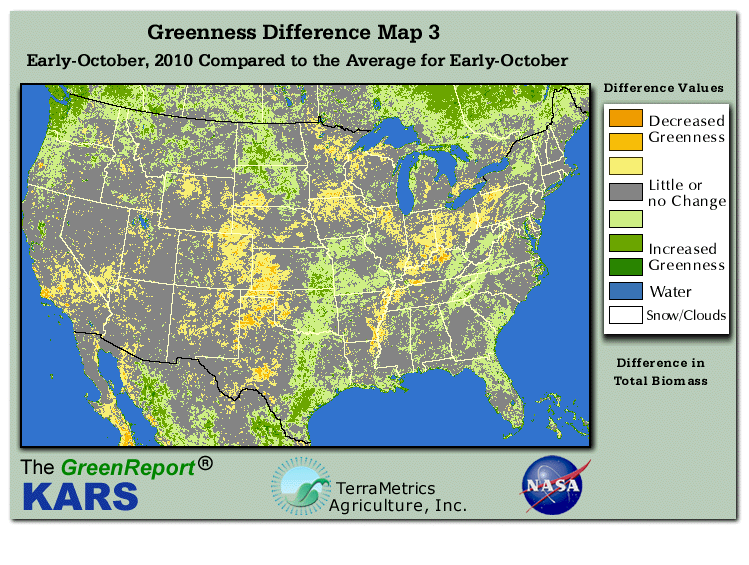 Color-coded U.S. vegetation greeness index map for Period 41 of 2010, illustrating spatial variations in plant vigor, with greener tones indicating higher biomass and browner tones indicating stressed vegetation,
              comparing current crop/vegetation change in biomass to the 20-year greenness average.
