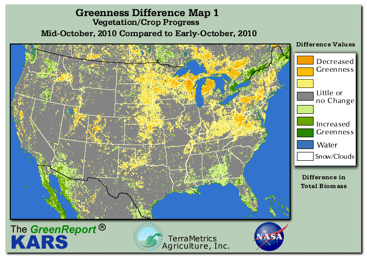 Color-coded U.S. vegetation greeness index map for Period 42 of 2010, illustrating spatial variations in plant vigor, with greener tones indicating higher biomass and browner tones indicating stressed vegetation,
              comparing current crop/vegetation change in biomass to the previous week within the same year.