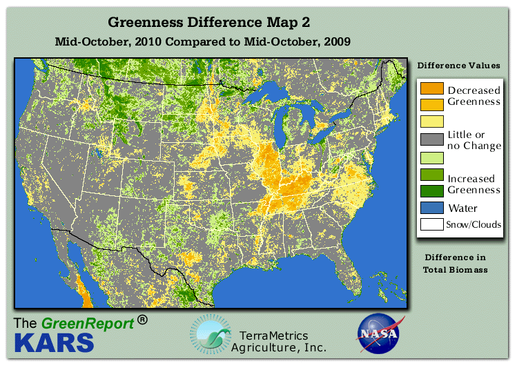 Color-coded U.S. vegetation greeness index map for Period 42 of 2010, illustrating spatial variations in plant vigor, with greener tones indicating higher biomass and browner tones indicating stressed vegetation,
              comparing current crop/vegetation change in biomass to same period from the previous year.