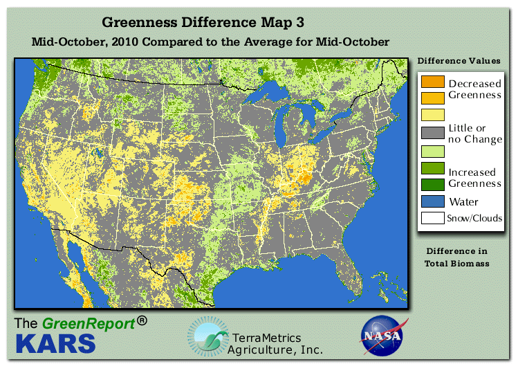 Color-coded U.S. vegetation greeness index map for Period 42 of 2010, illustrating spatial variations in plant vigor, with greener tones indicating higher biomass and browner tones indicating stressed vegetation,
              comparing current crop/vegetation change in biomass to the 20-year greenness average.