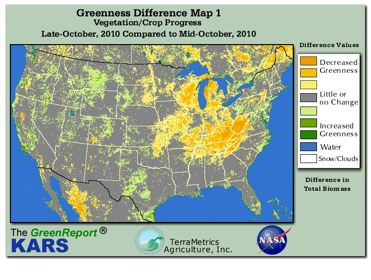 Color-coded U.S. vegetation greeness index map for Period 43 of 2010, illustrating spatial variations in plant vigor, with greener tones indicating higher biomass and browner tones indicating stressed vegetation,
              comparing current crop/vegetation change in biomass to the previous week within the same year.