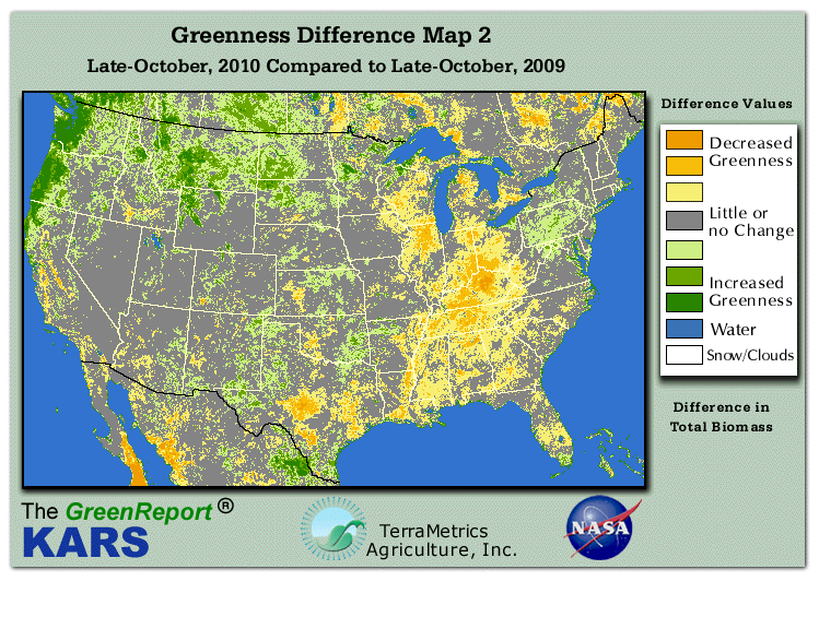 Color-coded U.S. vegetation greeness index map for Period 43 of 2010, illustrating spatial variations in plant vigor, with greener tones indicating higher biomass and browner tones indicating stressed vegetation,
              comparing current crop/vegetation change in biomass to same period from the previous year.