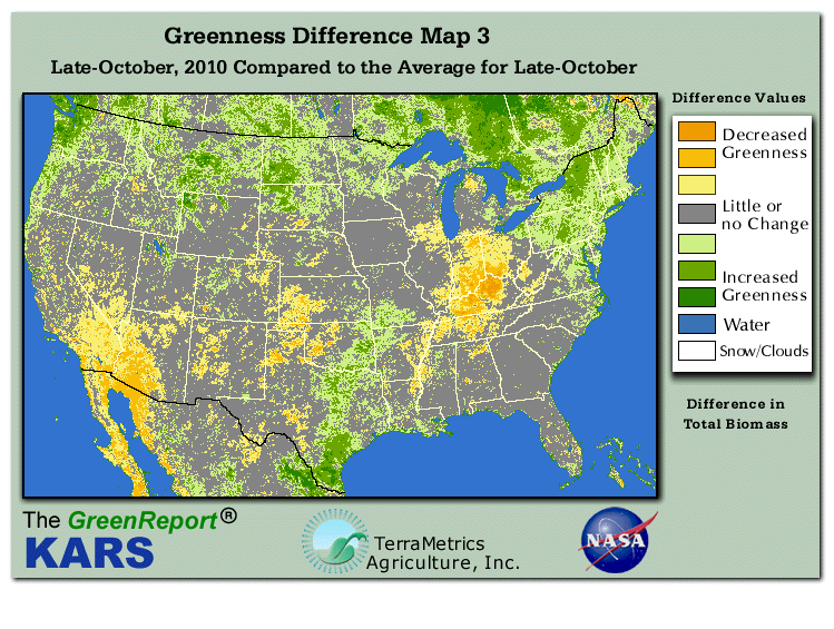 Color-coded U.S. vegetation greeness index map for Period 43 of 2010, illustrating spatial variations in plant vigor, with greener tones indicating higher biomass and browner tones indicating stressed vegetation,
              comparing current crop/vegetation change in biomass to the 20-year greenness average.