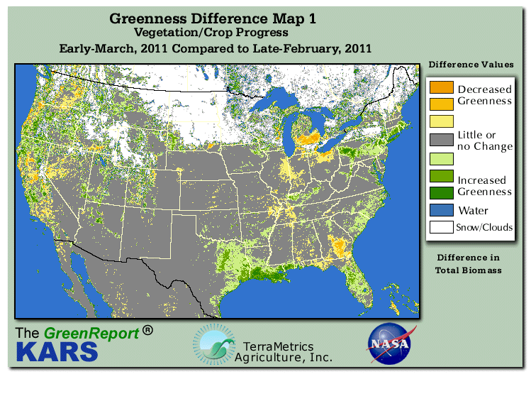 Color-coded U.S. vegetation greeness index map for Period 11 of 2011, illustrating spatial variations in plant vigor, with greener tones indicating higher biomass and browner tones indicating stressed vegetation,
              comparing current crop/vegetation change in biomass to the previous week within the same year.