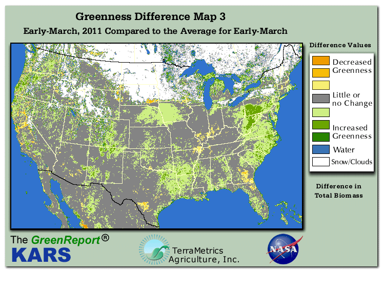 Color-coded U.S. vegetation greeness index map for Period 11 of 2011, illustrating spatial variations in plant vigor, with greener tones indicating higher biomass and browner tones indicating stressed vegetation,
              comparing current crop/vegetation change in biomass to the 20-year greenness average.