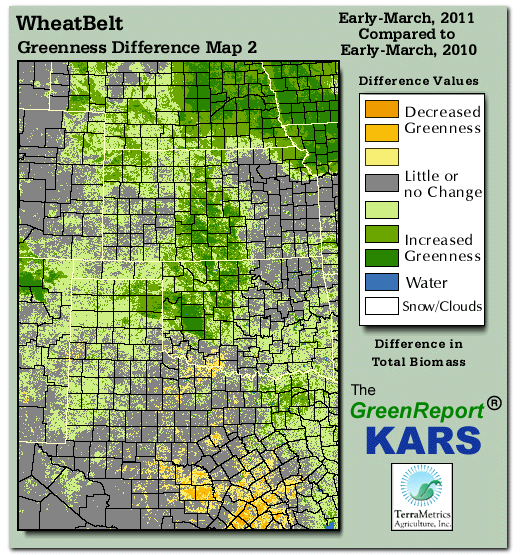 Color-coded Wheat Belt vegetation greeness index map for Period 11 of 2011, illustrating spatial variations in plant vigor, with greener tones indicating higher biomass and browner tones indicating stressed vegetation,
              comparing current crop/vegetation change in biomass to same period from the previous year.