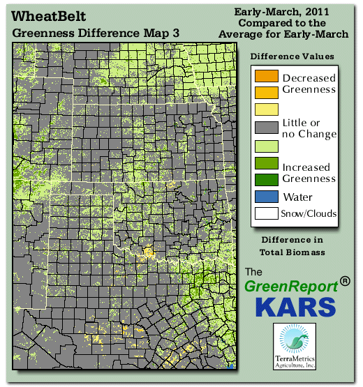Color-coded Wheat Belt vegetation greeness index map for Period 11 of 2011, illustrating spatial variations in plant vigor, with greener tones indicating higher biomass and browner tones indicating stressed vegetation,
              comparing current crop/vegetation change in biomass to the 20-year greenness average.