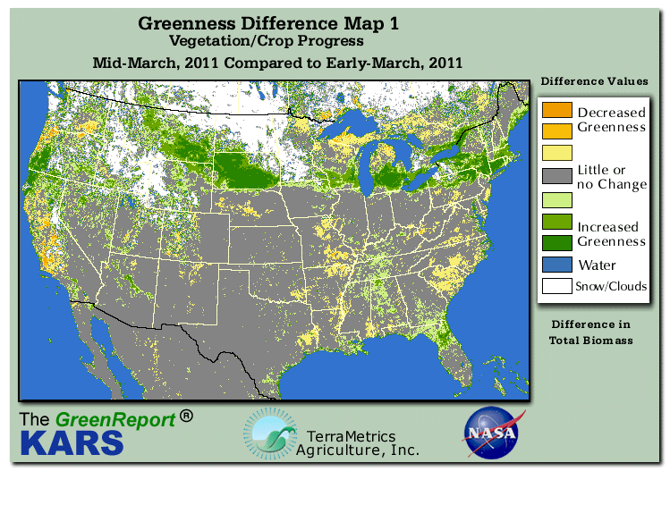 Color-coded U.S. vegetation greeness index map for Period 12 of 2011, illustrating spatial variations in plant vigor, with greener tones indicating higher biomass and browner tones indicating stressed vegetation,
              comparing current crop/vegetation change in biomass to the previous week within the same year.