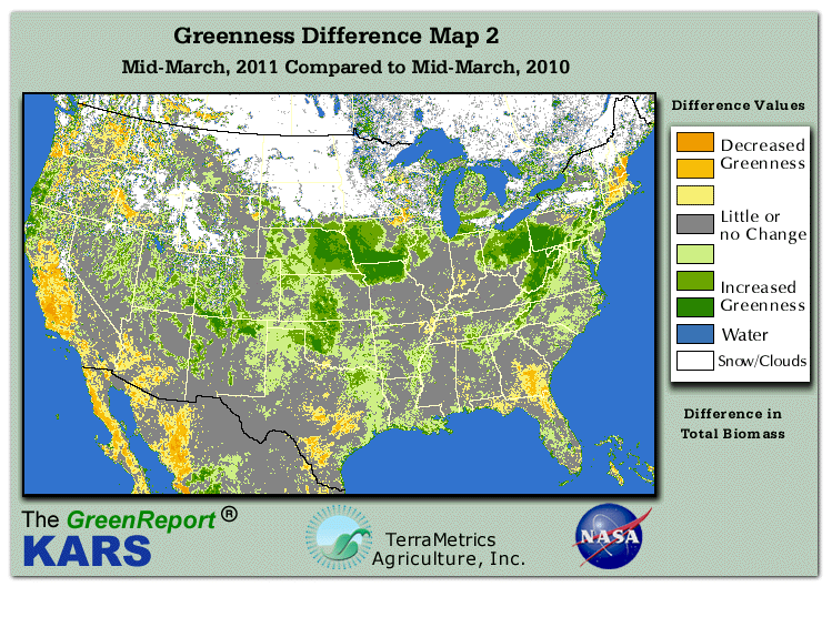 Color-coded U.S. vegetation greeness index map for Period 12 of 2011, illustrating spatial variations in plant vigor, with greener tones indicating higher biomass and browner tones indicating stressed vegetation,
              comparing current crop/vegetation change in biomass to same period from the previous year.