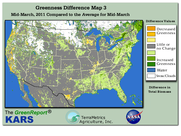 Color-coded U.S. vegetation greeness index map for Period 12 of 2011, illustrating spatial variations in plant vigor, with greener tones indicating higher biomass and browner tones indicating stressed vegetation,
              comparing current crop/vegetation change in biomass to the 20-year greenness average.