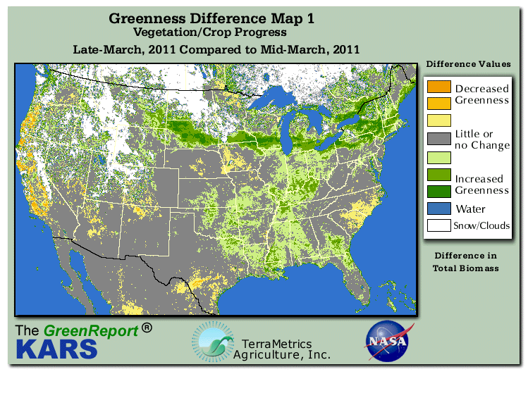 Color-coded U.S. vegetation greeness index map for Period 13 of 2011, illustrating spatial variations in plant vigor, with greener tones indicating higher biomass and browner tones indicating stressed vegetation,
              comparing current crop/vegetation change in biomass to the previous week within the same year.