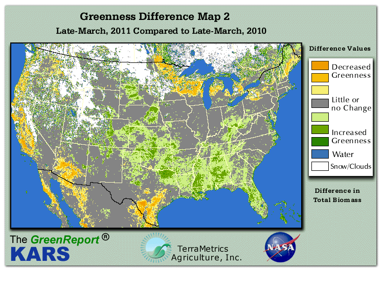 Color-coded U.S. vegetation greeness index map for Period 13 of 2011, illustrating spatial variations in plant vigor, with greener tones indicating higher biomass and browner tones indicating stressed vegetation,
              comparing current crop/vegetation change in biomass to same period from the previous year.