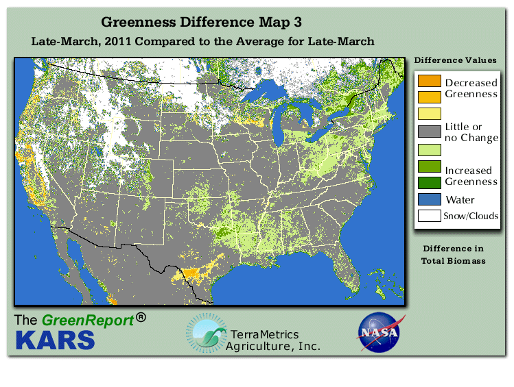 Color-coded U.S. vegetation greeness index map for Period 13 of 2011, illustrating spatial variations in plant vigor, with greener tones indicating higher biomass and browner tones indicating stressed vegetation,
              comparing current crop/vegetation change in biomass to the 20-year greenness average.