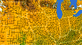 Preview-sized Corn Belt vegetation greeness index map for Period 14 of 2011, illustrating spatial variations in plant vigor, with greener tones indicating higher biomass and browner tones indicating stressed vegetation.