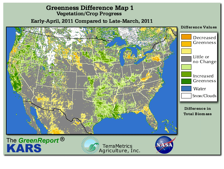 Color-coded U.S. vegetation greeness index map for Period 14 of 2011, illustrating spatial variations in plant vigor, with greener tones indicating higher biomass and browner tones indicating stressed vegetation,
              comparing current crop/vegetation change in biomass to the previous week within the same year.