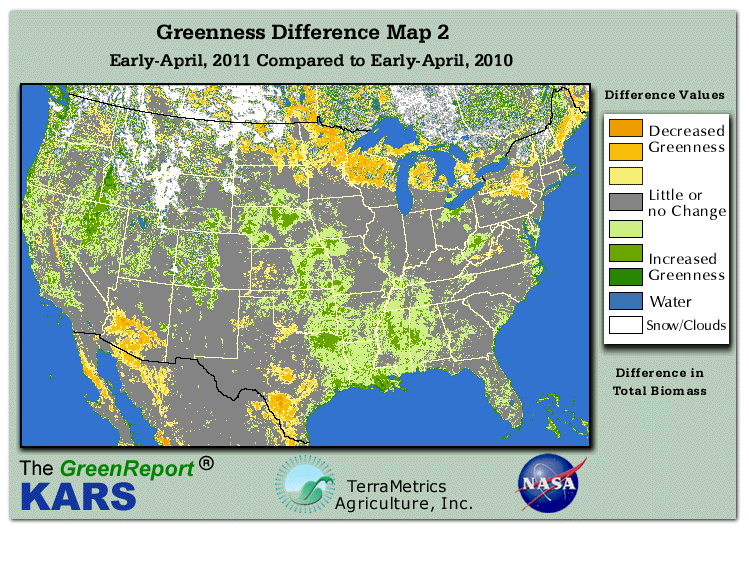 Color-coded U.S. vegetation greeness index map for Period 14 of 2011, illustrating spatial variations in plant vigor, with greener tones indicating higher biomass and browner tones indicating stressed vegetation,
              comparing current crop/vegetation change in biomass to same period from the previous year.