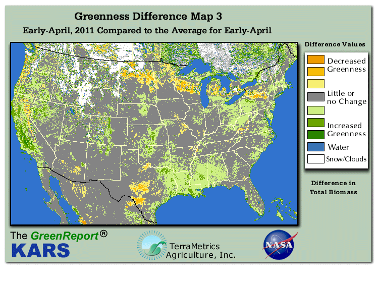 Color-coded U.S. vegetation greeness index map for Period 14 of 2011, illustrating spatial variations in plant vigor, with greener tones indicating higher biomass and browner tones indicating stressed vegetation,
              comparing current crop/vegetation change in biomass to the 20-year greenness average.