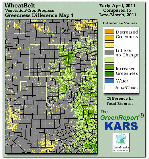 Color-coded Wheat Belt vegetation greeness index map for Period 14 of 2011, illustrating spatial variations in plant vigor, with greener tones indicating higher biomass and browner tones indicating stressed vegetation,
              comparing current crop/vegetation change in biomass to the previous week within the same year.