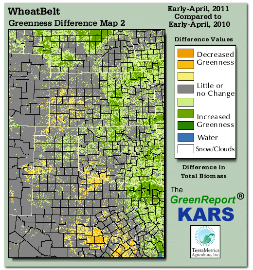 Color-coded Wheat Belt vegetation greeness index map for Period 14 of 2011, illustrating spatial variations in plant vigor, with greener tones indicating higher biomass and browner tones indicating stressed vegetation,
              comparing current crop/vegetation change in biomass to same period from the previous year.
