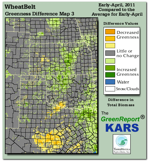 Color-coded Wheat Belt vegetation greeness index map for Period 14 of 2011, illustrating spatial variations in plant vigor, with greener tones indicating higher biomass and browner tones indicating stressed vegetation,
              comparing current crop/vegetation change in biomass to the 20-year greenness average.