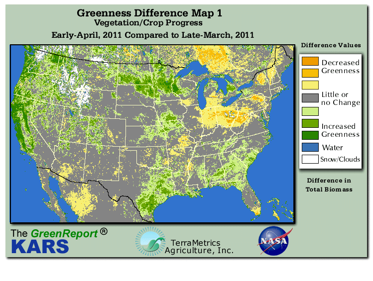 Color-coded U.S. vegetation greeness index map for Period 15 of 2011, illustrating spatial variations in plant vigor, with greener tones indicating higher biomass and browner tones indicating stressed vegetation,
              comparing current crop/vegetation change in biomass to the previous week within the same year.