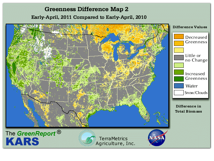 Color-coded U.S. vegetation greeness index map for Period 15 of 2011, illustrating spatial variations in plant vigor, with greener tones indicating higher biomass and browner tones indicating stressed vegetation,
              comparing current crop/vegetation change in biomass to same period from the previous year.